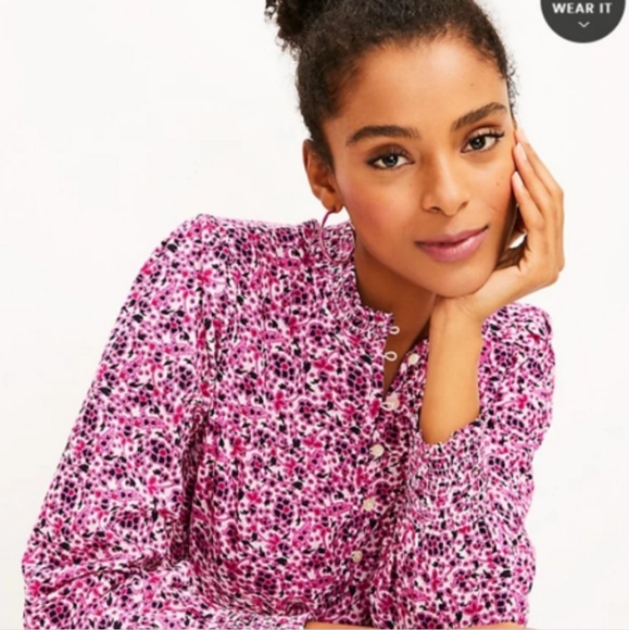 LOFT Pink White Smocked Floral Long Sleeve Cotton Blouse - Size S - Picture 3 of 9